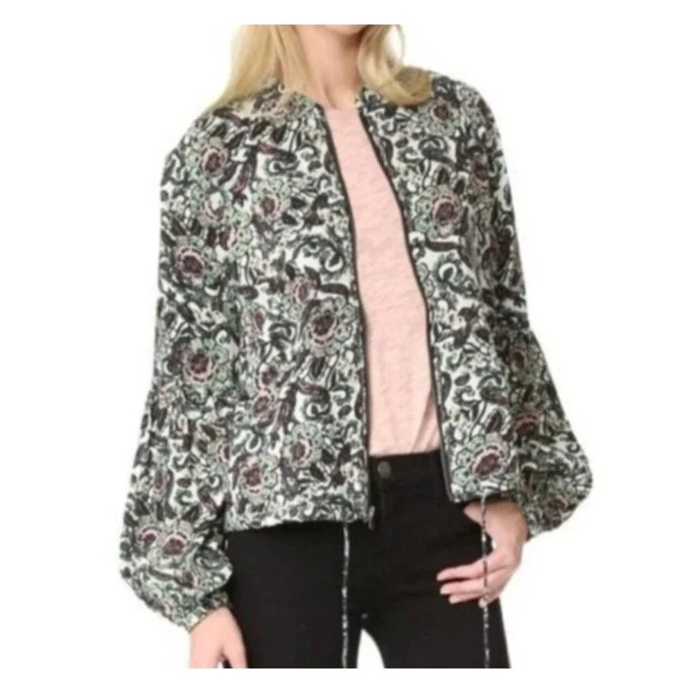 FREE PEOPLE Floral Soft Print Lined Balloon Sleeve Bomber Jacket Boho Preppy XS - Picture 6 of 9